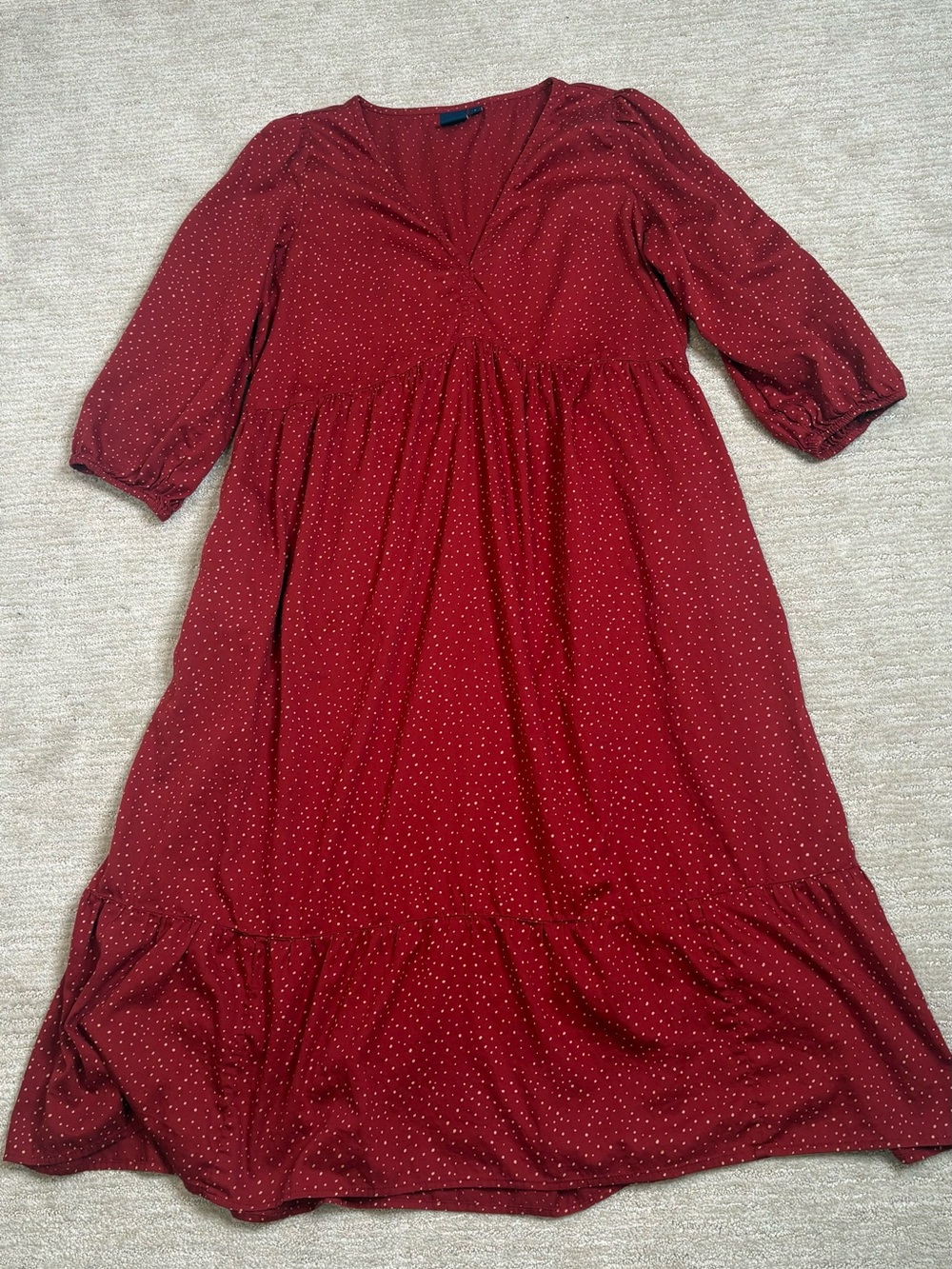 GAP Polka Dot Puff Sleeve Babydoll Midi Dress Size Large Red Tiered Ruffle Hem - Picture 7 of 12